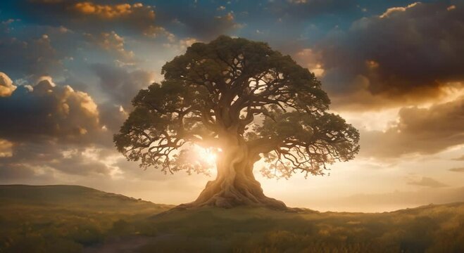Mythical fantasy folklore Yggdrasil world tree of life with horizon flowing clouds 4k animation