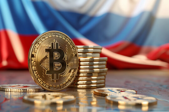 A Golden Bitcoin Coin Rests Against a Blurry Russian Flag - Powered by Adobe