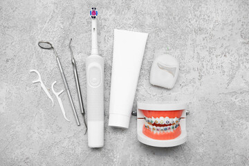 Set for oral hygiene on grunge background