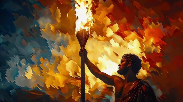 Antique Greek man with Olympic torch with fire, reflected flame background. Abstract horizontal video