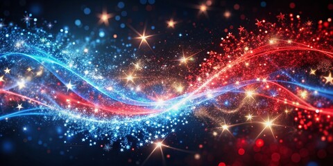 Obraz premium Vibrant red, white, and blue glittering sparks swirl together forming a mesmerizing abstract patriotic background perfect for voting, memorial, labor day, and election celebrations.