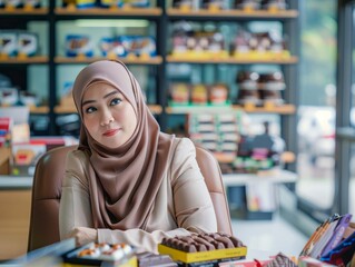 Fototapeta premium Smiling Muslim Woman Selling Handmade Chocolates