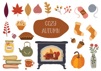 手描きの可愛いお洒落な秋のおうちカフェくつろぎイラストセット