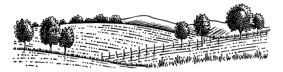 farmland pasture line engraving black and white outline