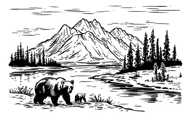 bear mountain landscape engraving black and white outline