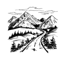 mountain road landscape engraving black and white outline