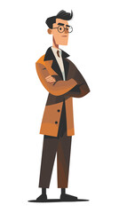 A man in a suit and glasses stands with his arms crossed. He looks serious and focused. Concept of professionalism and determination