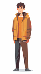 Fototapeta premium A man in a yellow jacket stands in front of a white background. He is wearing a brown jacket and brown pants