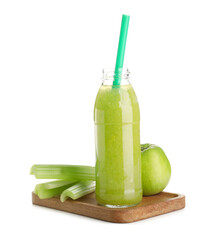 Wooden tray with bottle of fresh juice with celery and apple on white background