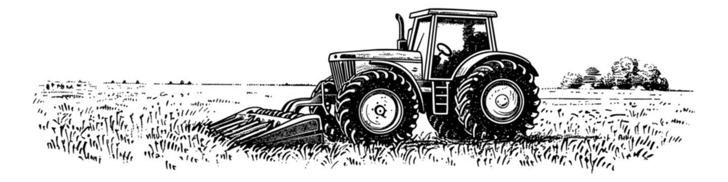 tracktor field landscape engraving black and white outline