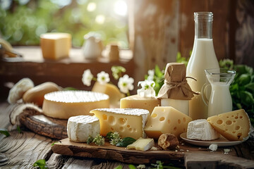 A close-up shot of a wooden table with various cheeses and milk products on top