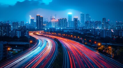 Obraz premium highway with red trail lights from passing cars fast.