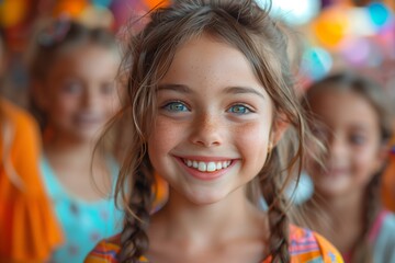 Fototapeta premium Happy Young Girl With Braids Smiles for Camera at Outdoor Event