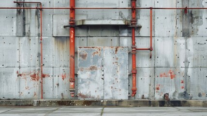 Weathered concrete wall with red pipes and rust stains