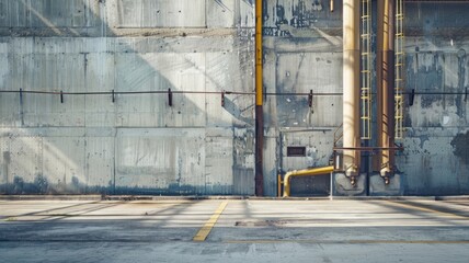 Industrial wall with pipes and shadows in sunlight