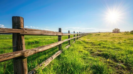 Fototapeta premium Wooden fence along lush green fields under bright sun
