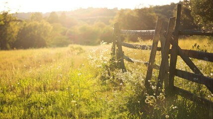 Rustic wooden fence along sunlit rural field at early evening with wildflowers