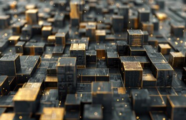 Obraz premium Abstract 3D Render of Black and Gold Cubes With Glowing Lights