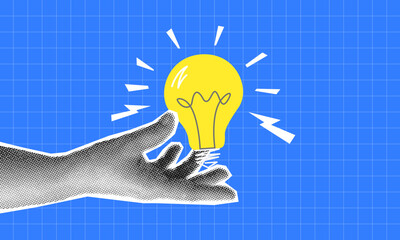 Collage with halftone hand and light bulb. Creative idea generation or brainstorm concept vector pop art retro style illustration. design element for infographic, poster, website