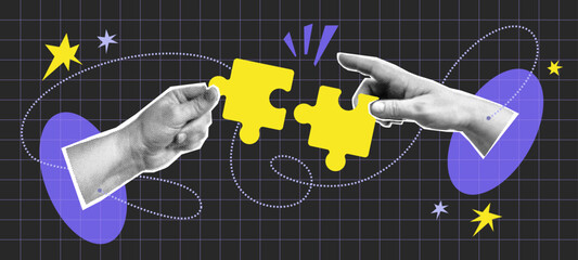 Collage with halftone two hands putting puzzle together. Teamwork concept vector pop art retro style illustration. Partnership and  relationship design element for infographic, poster, website