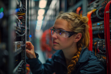 A Female IT Technician Examines Server Equipment in a Modern Data Center