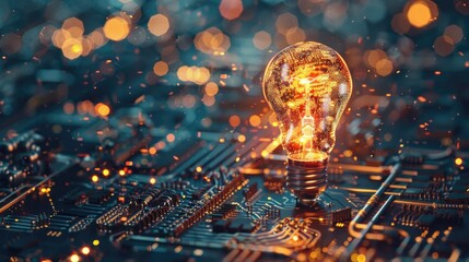 A glowing light bulb sits atop a computer motherboard, providing a warm glow