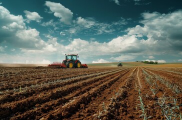 Obraz premium Two Tractors Plowing a Field Under a Cloudy Sky