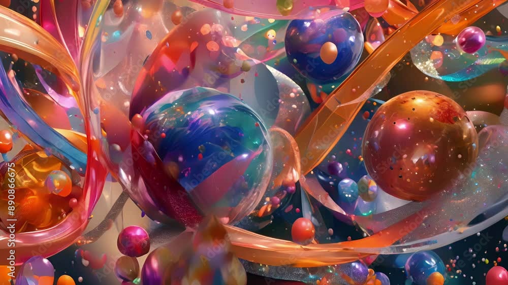 Poster an abstract composition of floating inflatable planets intertwined with ribbons and glittering cryst