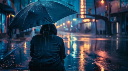 Lonely figure holding umbrella under the rain in a moody urban street at night. Perfect for illustrating solitude or city life. Dramatic and cinematic style with vibrant city lights. AI