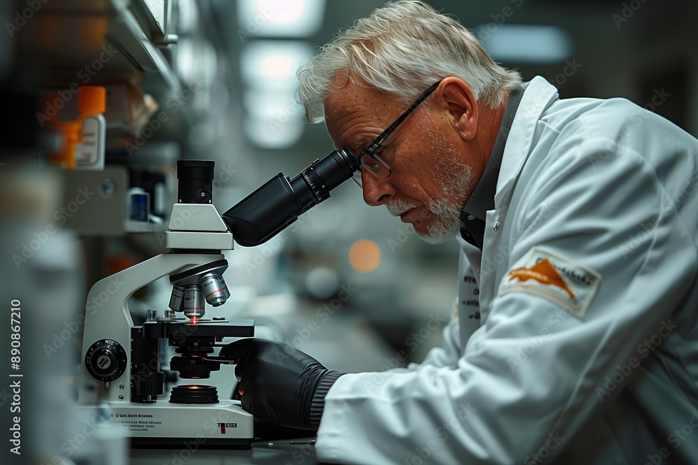 Poster senior scientist examining sample through microscope in laboratory