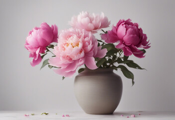 Decorative peony and bougainvillea in ceramic vase isolated on white background