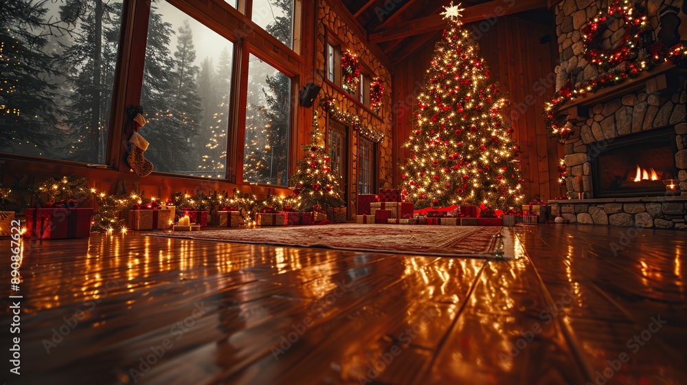 Sticker Christmas Interior with Fireplace and Decorations