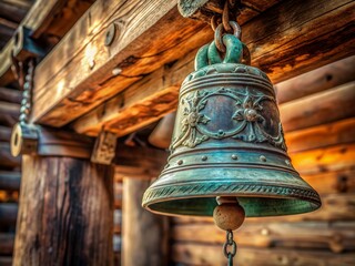 Obraz premium Ancient bronze bell with intricate engravings and worn patina, suspended from a rustic wooden beam, symbolizing the enduring call for liberty and social justice.