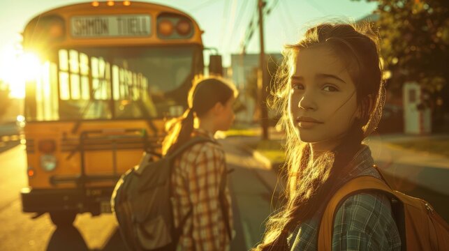 A young girl waits for the school bus at sunset, her gaze fixed on the camera, with another girl walking behind her