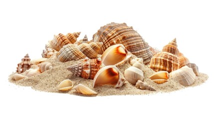 A collection of colorful sea shells scattered on the sandy surface of a beach
