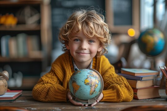 Young Boy Holds Globe in Classroom Setting