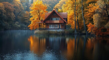 Fototapeta premium Autumnal Lakefront Cabin With Colorful Trees and Reflections