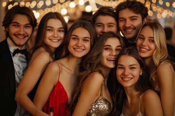 Fototapeta premium A company of happy young people in evening dresses and suits, smiling posing for camera. Party, graduation for students. Celebrating the new year, Generative AI