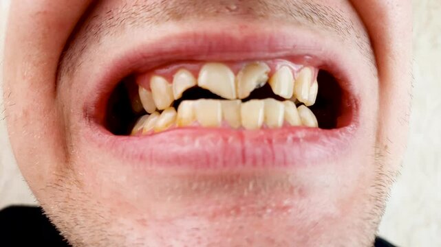 Man opens his mouth with damaged teeth. Broken, damaged teeth, decay.