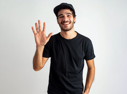 20s Hispanic handsome man, he shows his palm hi5, greeting to the camera, wearing black shirt and cap, isolated on white. 