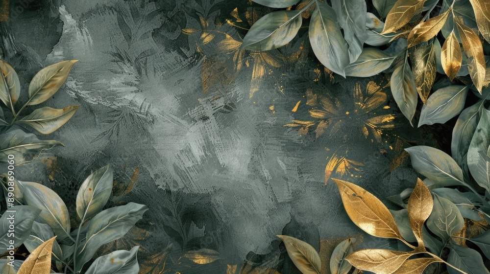 Poster a painting of leaves and gold on a black background, suitable for use in designs related to fall or 