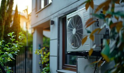 Air source heat pump installed in residential building. Sustainable and clean energy at home, Generative AI