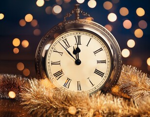 gold clock poised to strike midnight, its hands almost meeting at the 12 o'clock mark, scattering of shimmering gold confetti, poised to cascade in celebration. The scene exudes anticipation New Year
