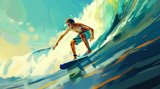 A dynamic digital illustration of a surfer catching the waves, full of energy, capturing the essence of surfing, a summer tourist sport. Multi-colored animation in pastel colors in a minimalist style