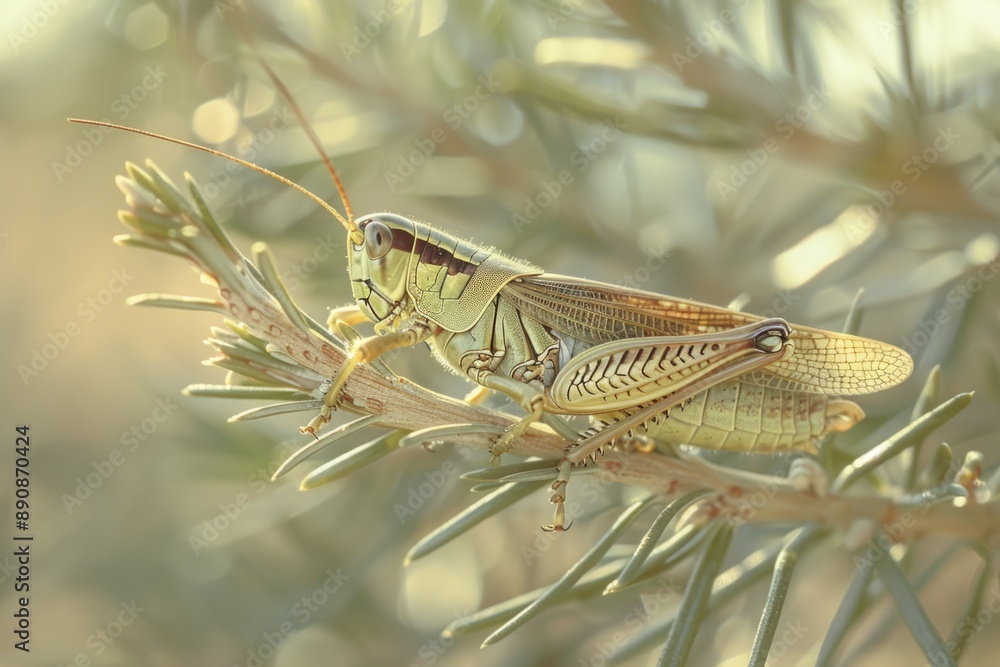 Poster A close-up shot of a grasshopper sitting on a tree branch