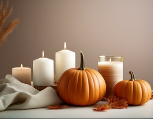 pumpkin and burning candles on white table with neutral background