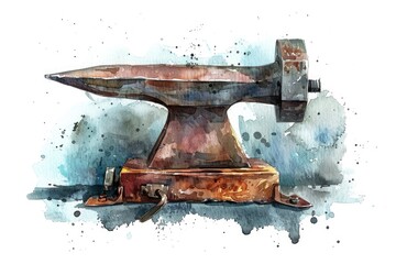 Watercolor painting of an anvil on a table, perfect for decorative or industrial-themed projects