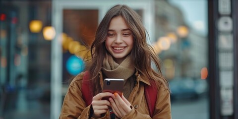 Young beautiful woman using smartphone in city. Smiling student girl texting on her mobile phone. Coffee break. Modern lifestyle, connection, business, Generative AI