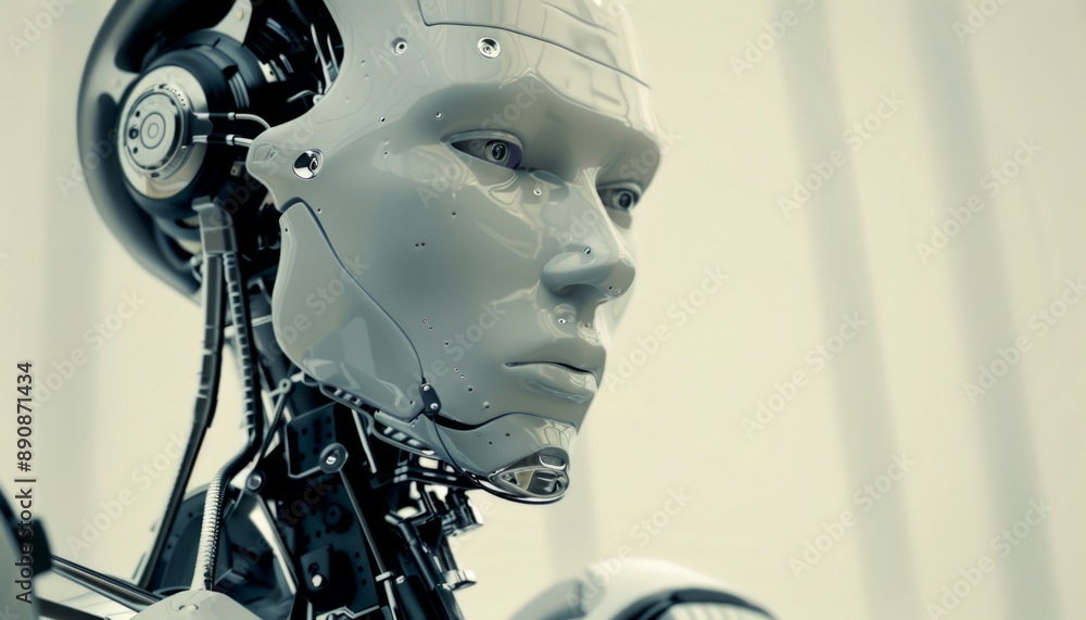 Poster close-up of an advanced humanoid robot with a futuristic design. the robot's face is highly detailed