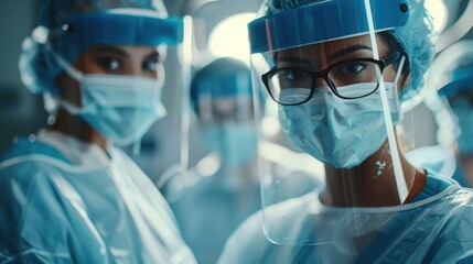 Medical professionals wearing PPE including face shields and masks, standing together in a clinical setting prepared to provide essential healthcare services, emphasizing teamwork and safety.
